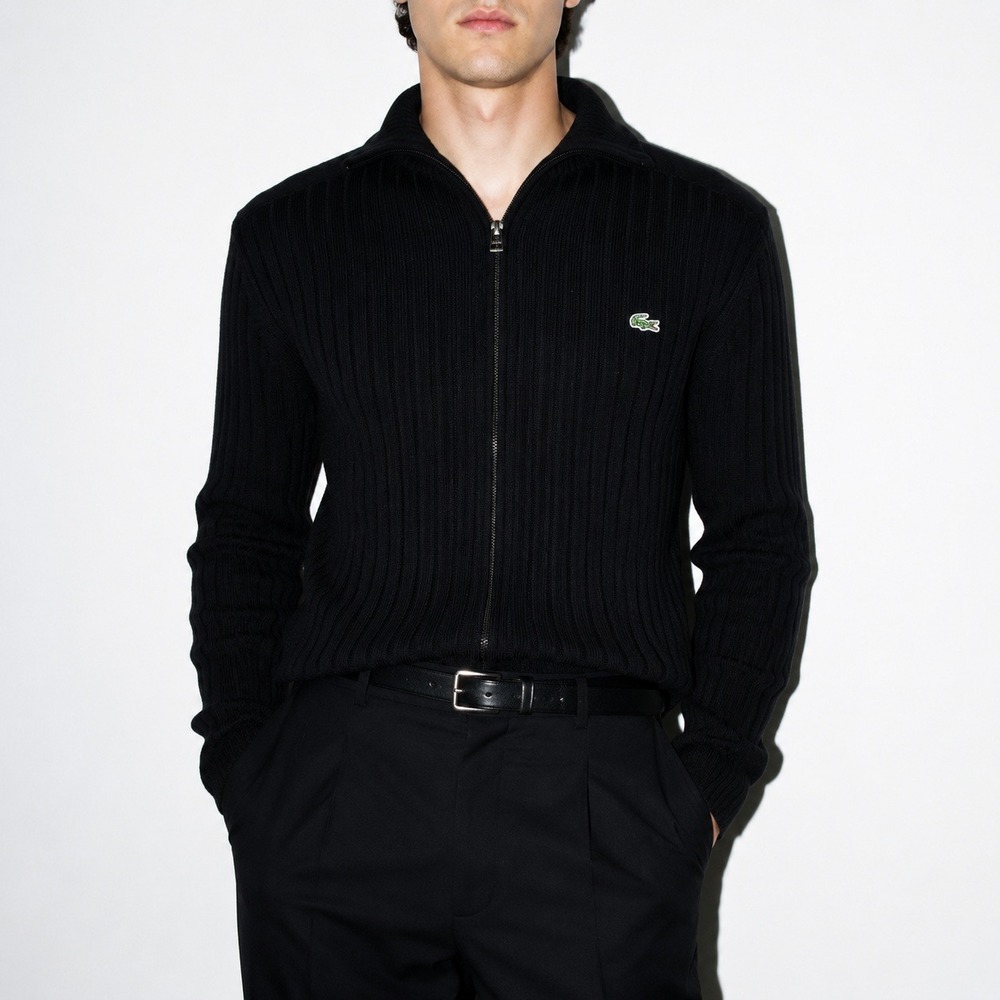 90s Vintage Rib Knit Wool Sweater Mens M Black Lacoste Zip Front Slim Fit Cardi
